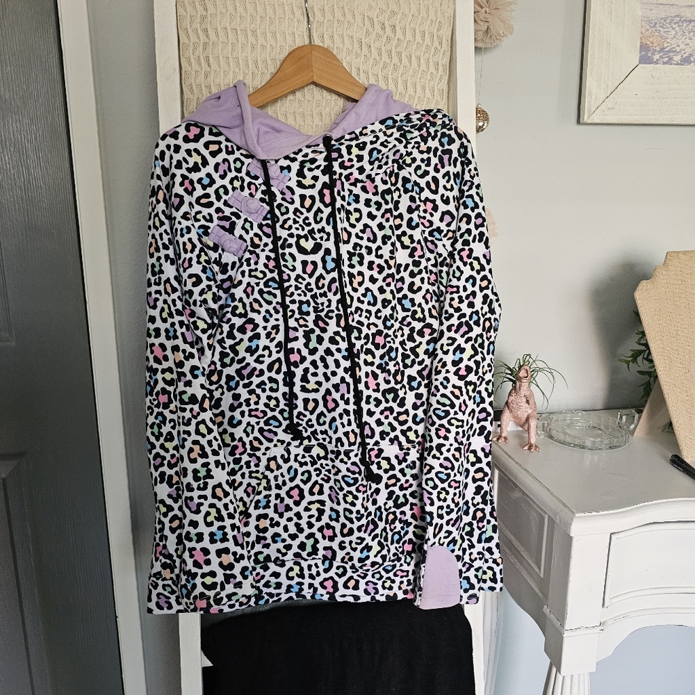Cowl Neck Hoodie Multicolor Leopard Print Sz xl
